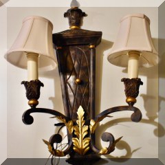 D29. Pair of resin and metal sconces with shades and gilt detail. 26”h - $95 ea. 